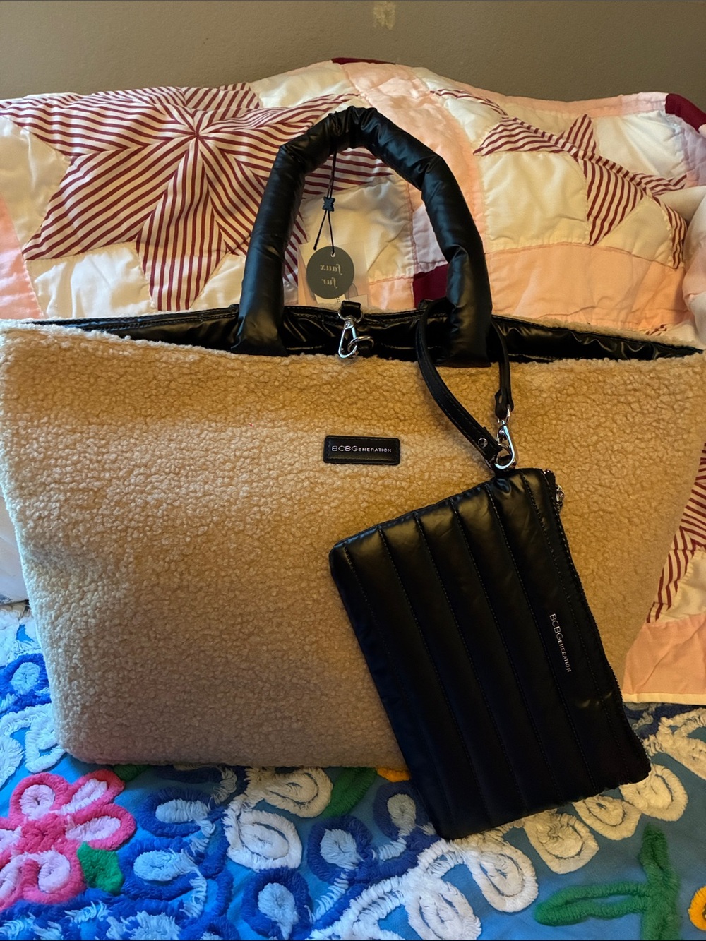 BCBGeneration Tan Sherpa Tote with Black Quilted Pouch Reversible NWT